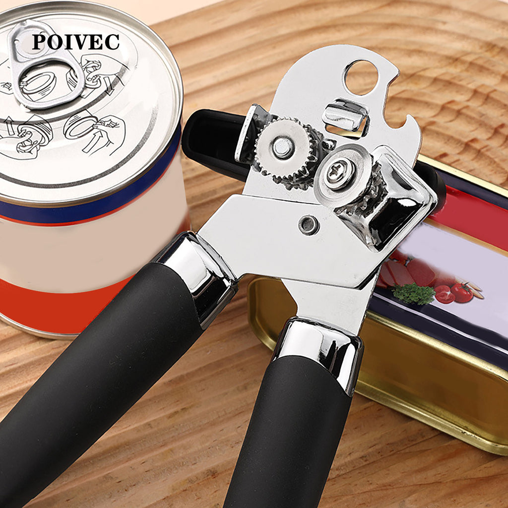 POIVEC Stainless Steel Manual Can Opener, Easy-Turn Tin Opener with Built-in Bottle Opener