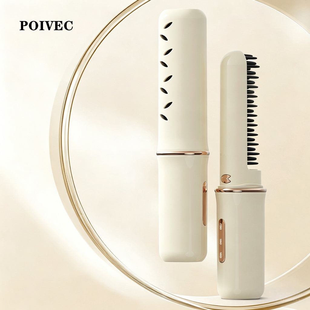 POIVEC Cordless Hair Straightener, Rechargeable Portable Straightening Brush with Dual-Tooth Comb Design
