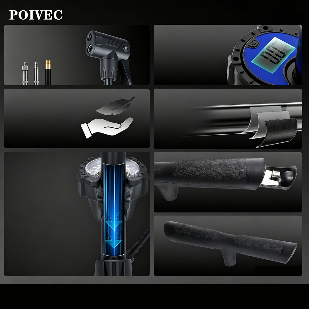 POIVEC Portable Tire Pump with Pressure Gauge, High-Pressure Manual Inflator for Bikes, E-Bikes and Emergency Car Tire Inflation