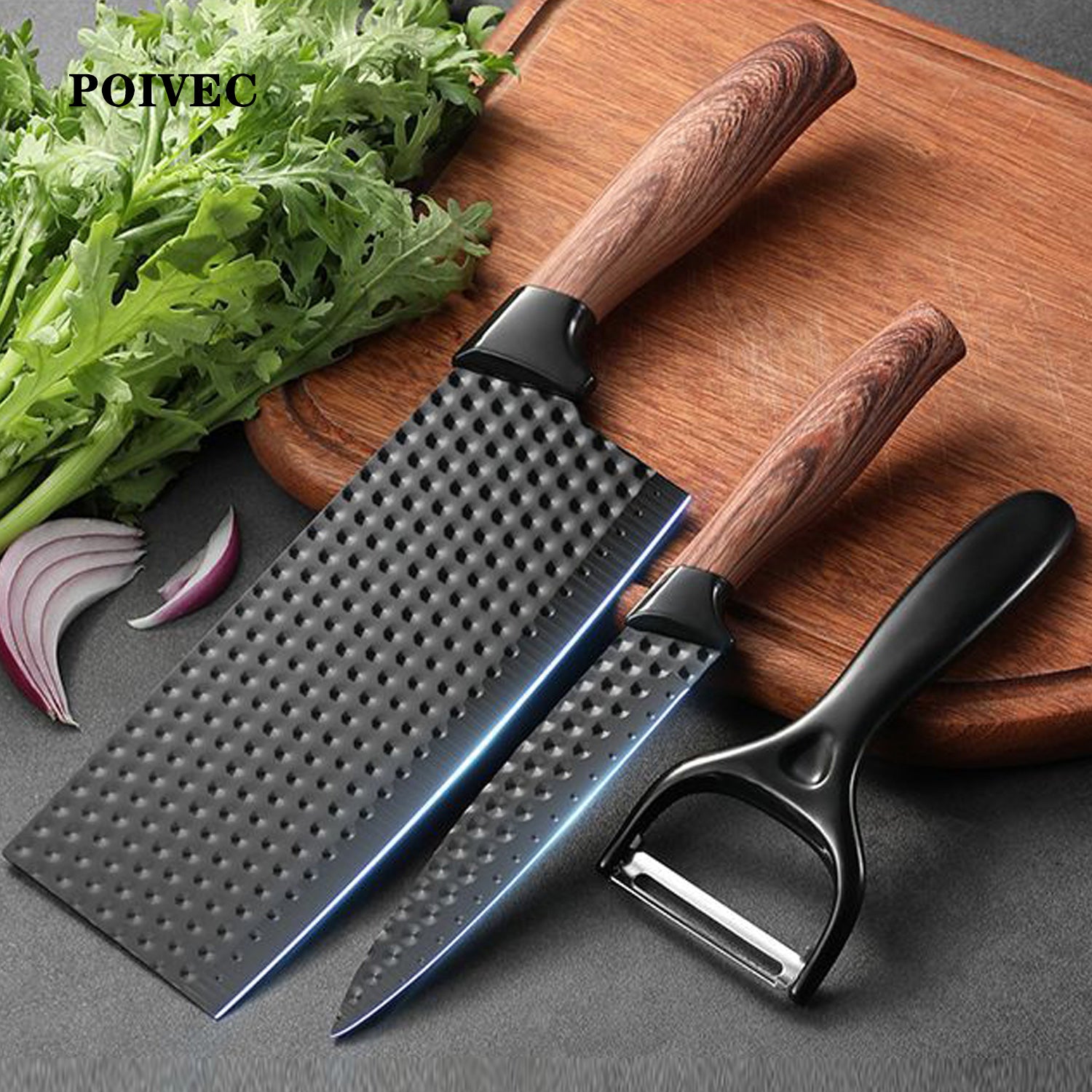 POIVEC 3-Piece Stainless Steel Kitchen Knife Set, Diamond Pattern Chef Knives