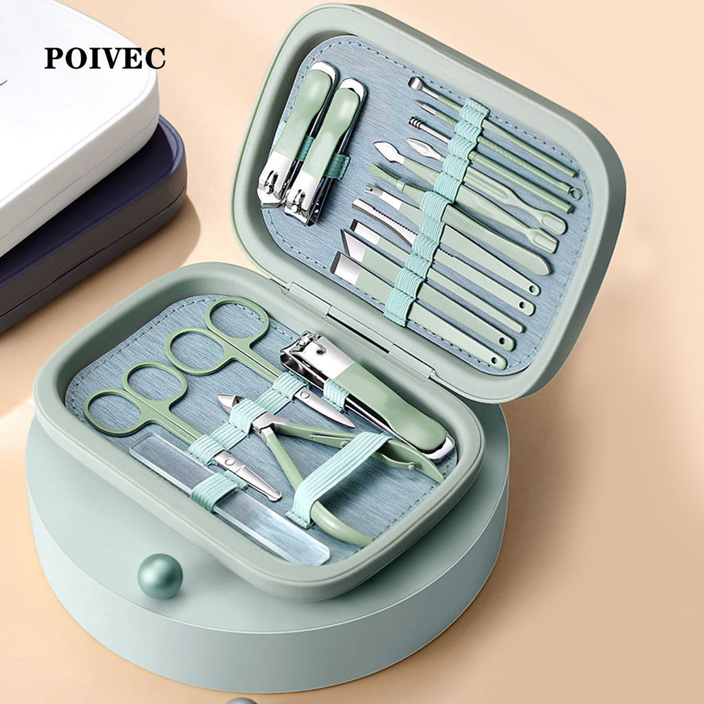 POIVEC 18PCS Stainless Steel Manicure Pedicure Set, Colorful Nail Clippers Grooming Kit with Travel Case
