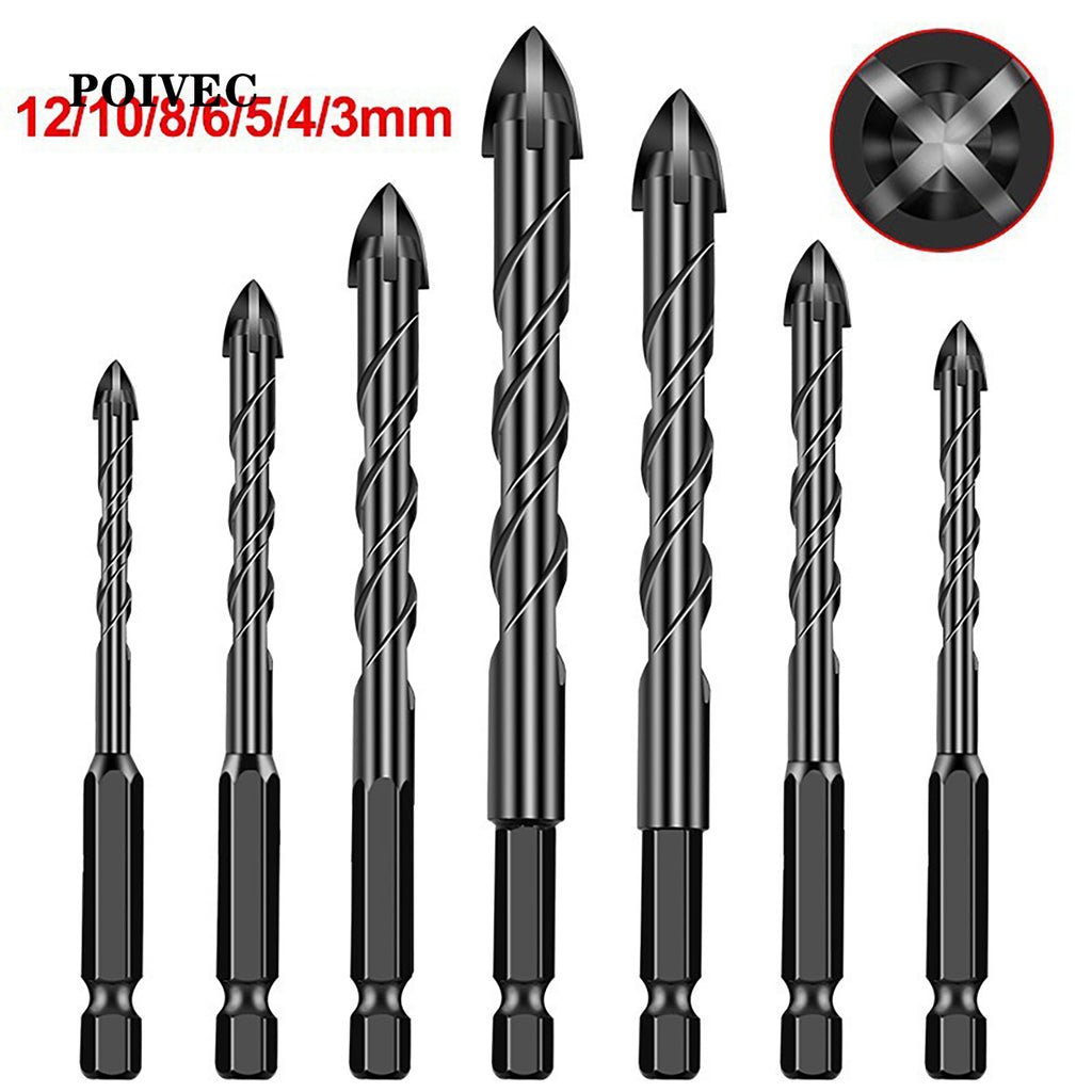 POIVEC Tungsten Carbide Cross Tip Drill Bit Set, Hex Shank Drill Bits for Glass, Ceramic Tile, Marble and Wall Drilling